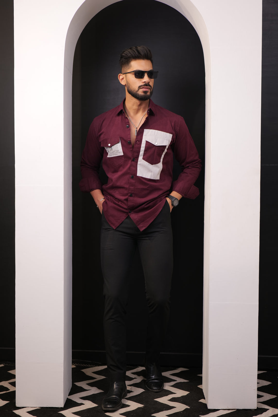 Wine-Grey Double Pocket Full Sleeve Shirt