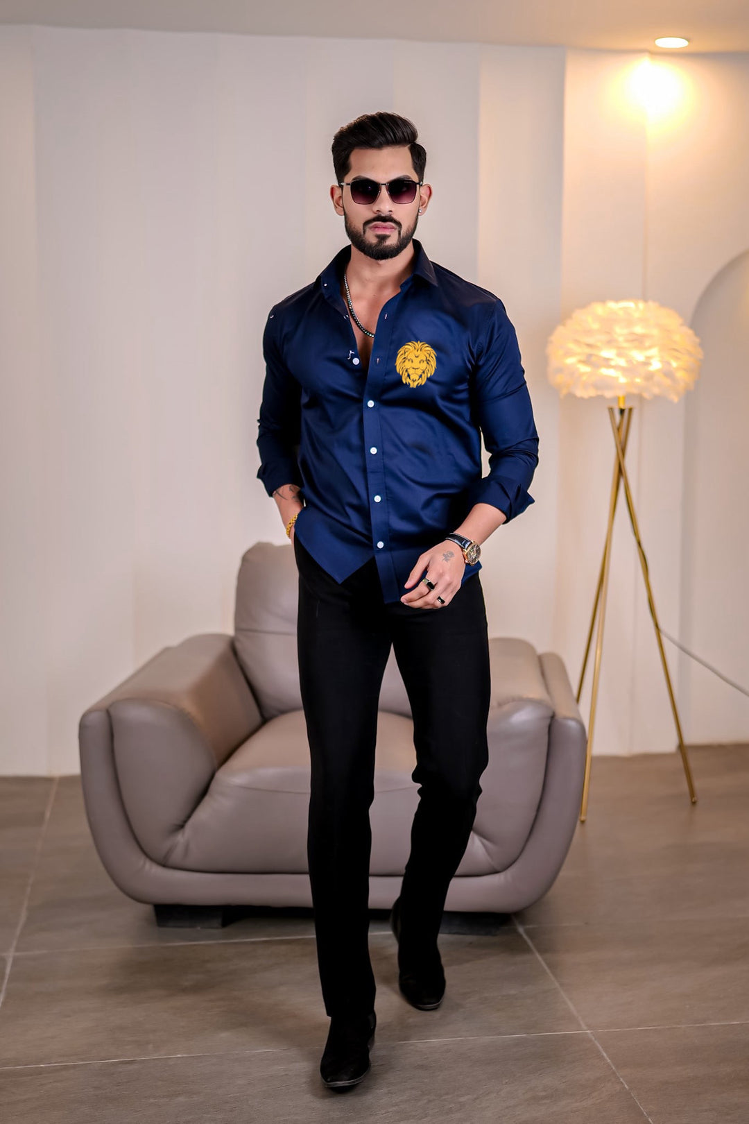 Navy lion embroidery premium satin cotton shirt