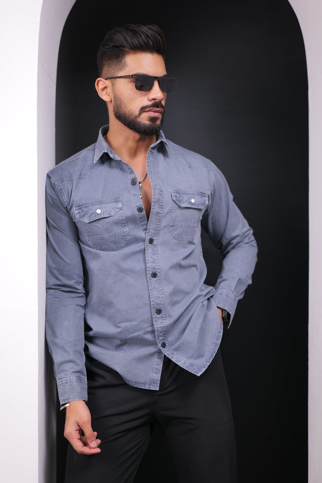 Ice Blue Double Pocket Full Sleeve RFD Cotton Shirt