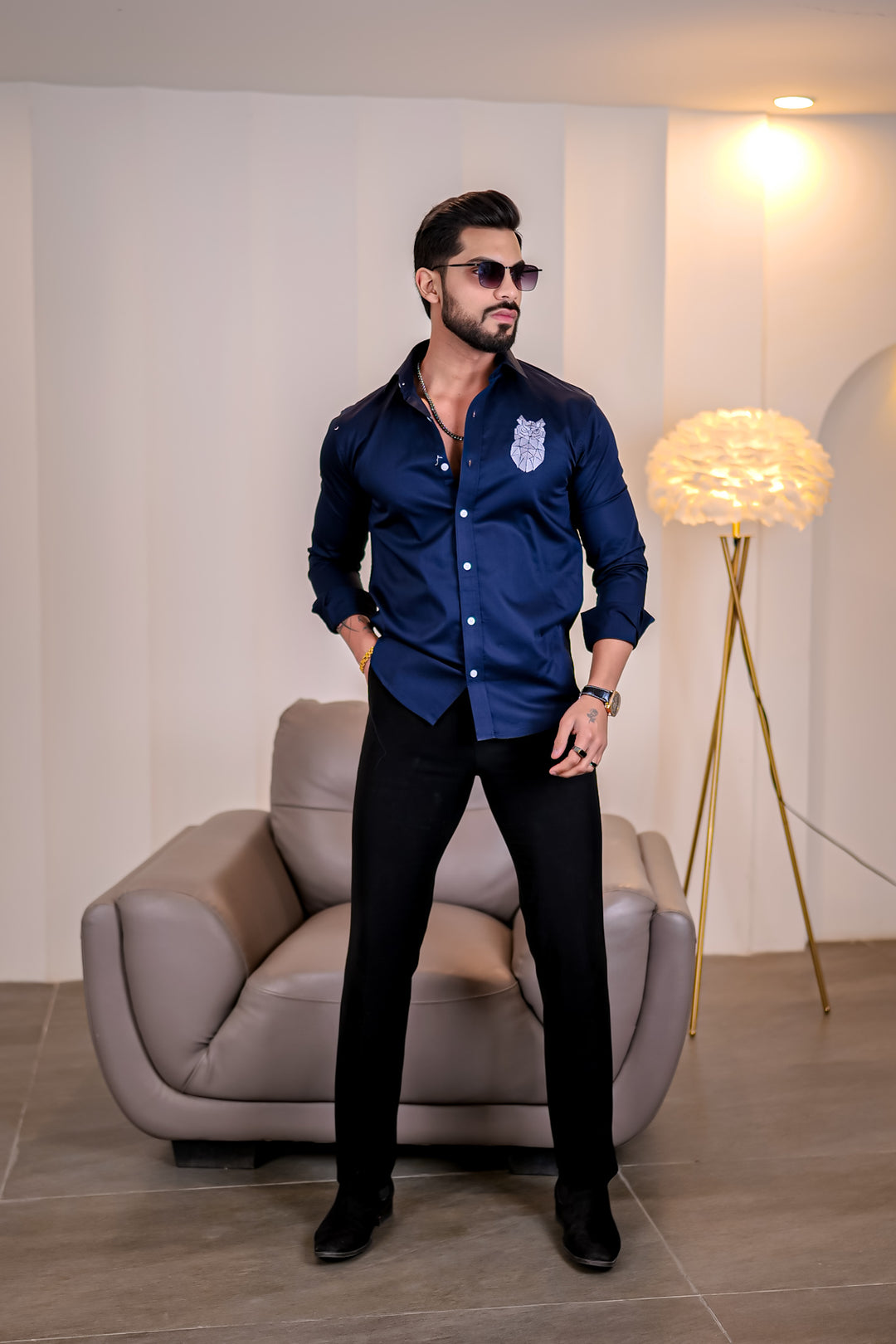 Navy Owl Embroidery Premium Satin Cotton Shirt