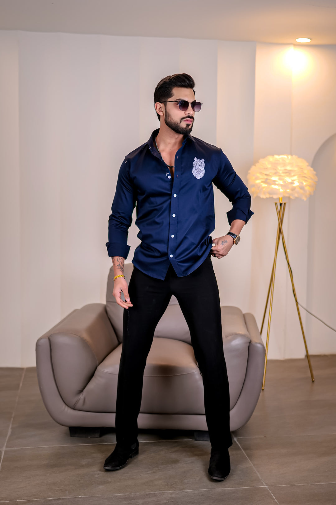 Navy Owl Embroidery Premium Satin Cotton Shirt