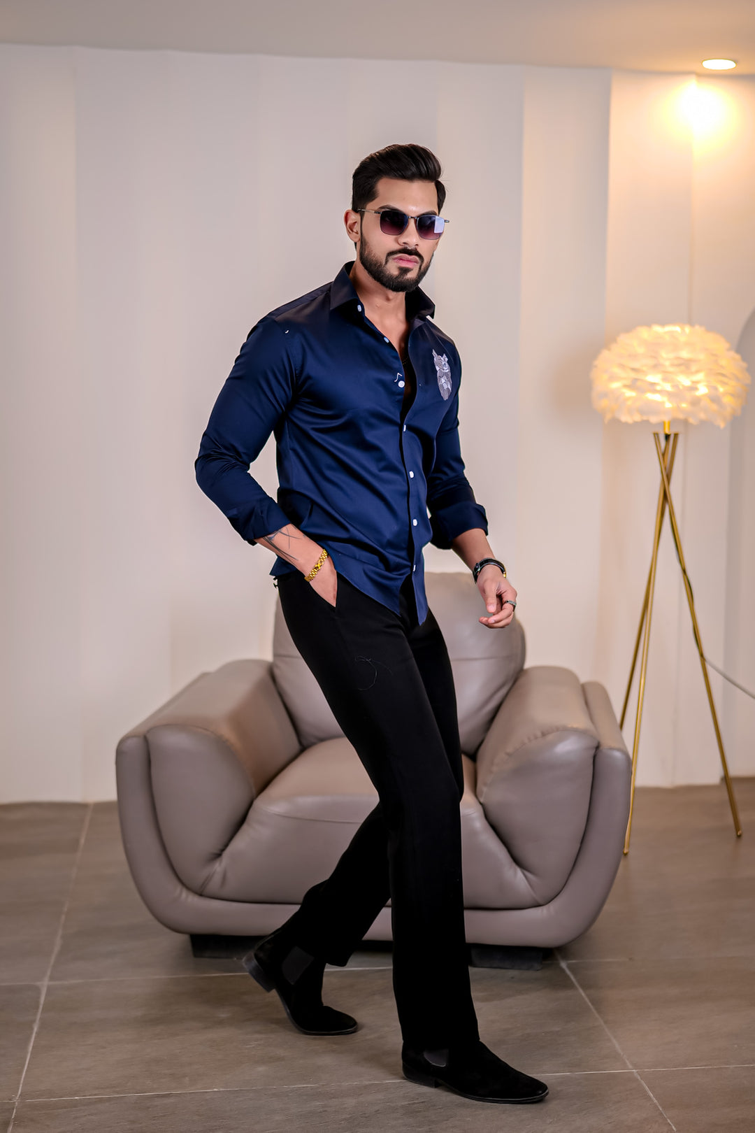 Navy Owl Embroidery Premium Satin Cotton Shirt