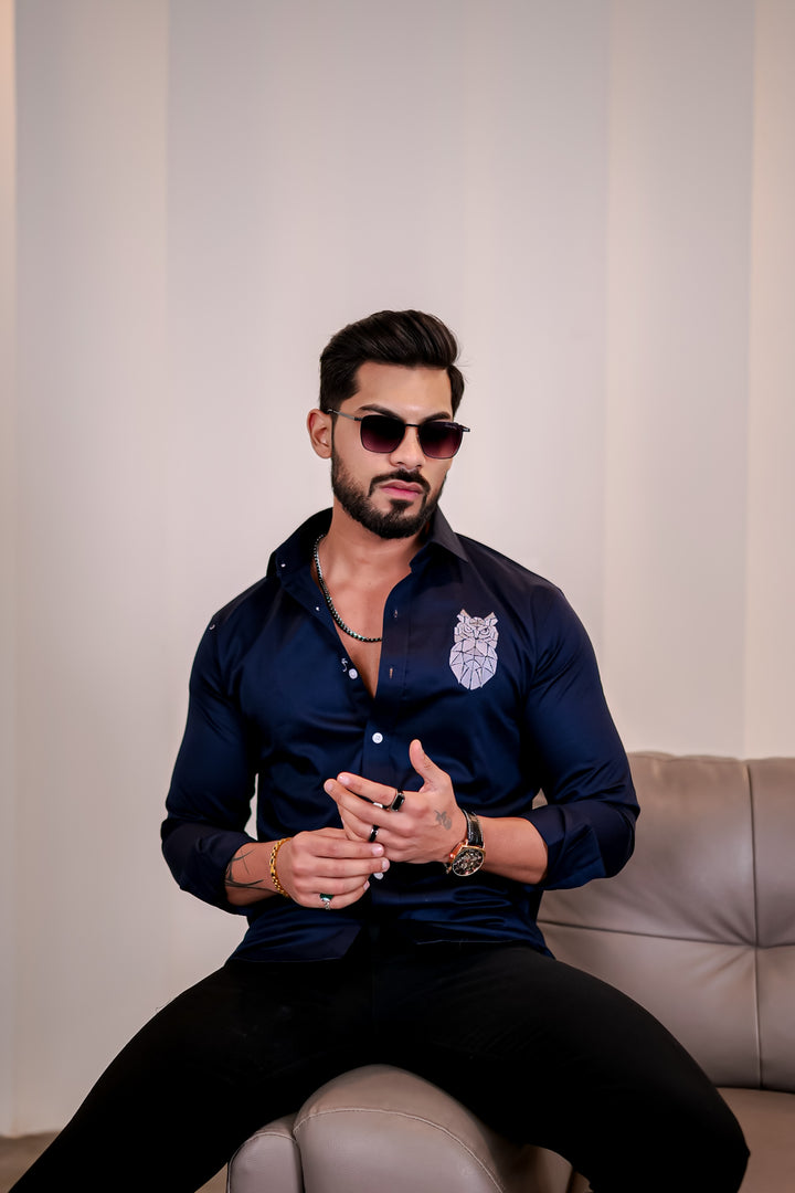 Navy Owl Embroidery Premium Satin Cotton Shirt