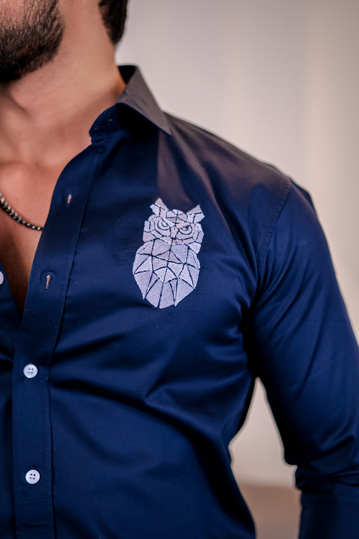 Navy Owl Embroidery Premium Satin Cotton Shirt