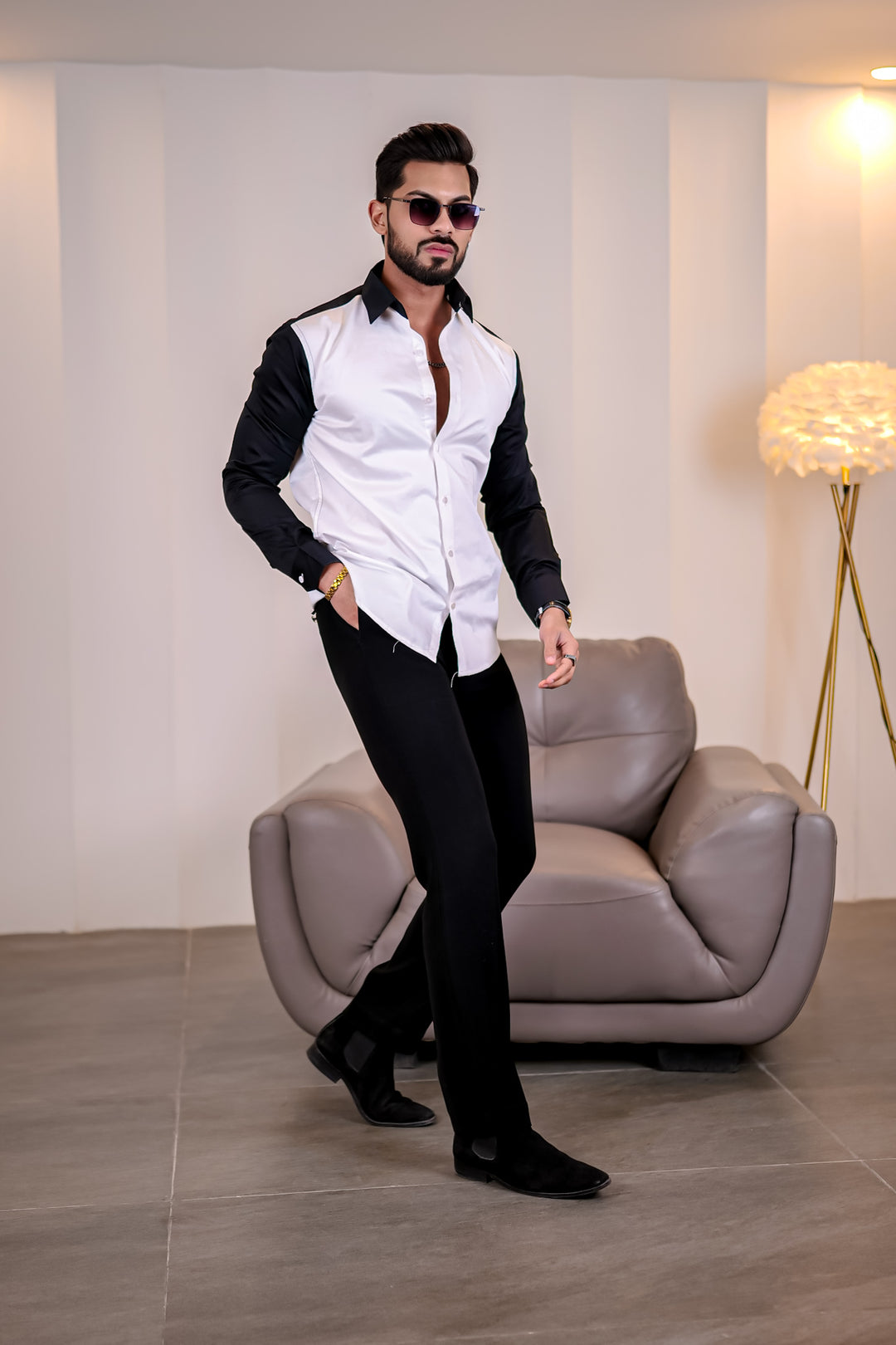 White Black Premium Satin Designer Shirt