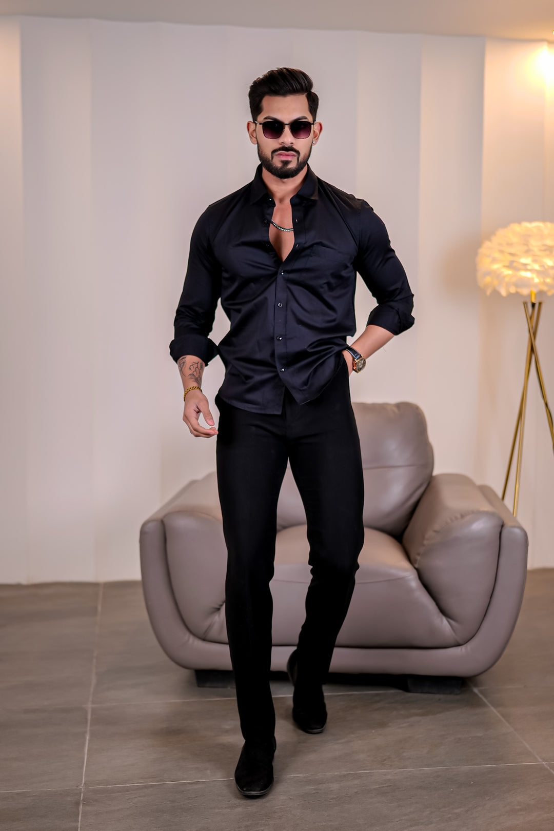 Black Plain Single Pocket Satin Cotton Shirt [ Slim Fit ]