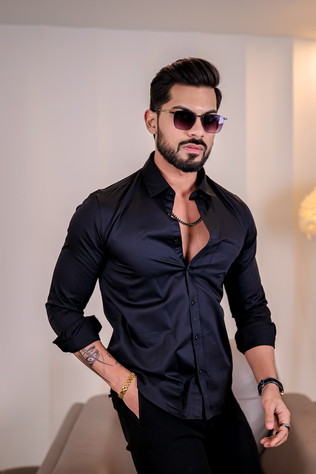 Black Plain Single Pocket Satin Cotton Shirt [ Slim Fit ]