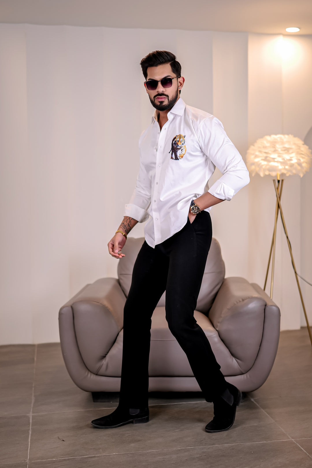 White Club Wear Lion Printed Satin Cotton Shirt