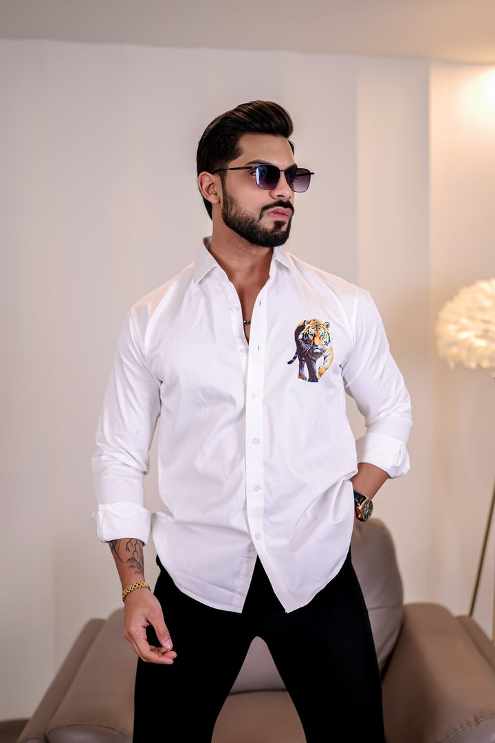 White Club Wear Lion Printed Satin Cotton Shirt