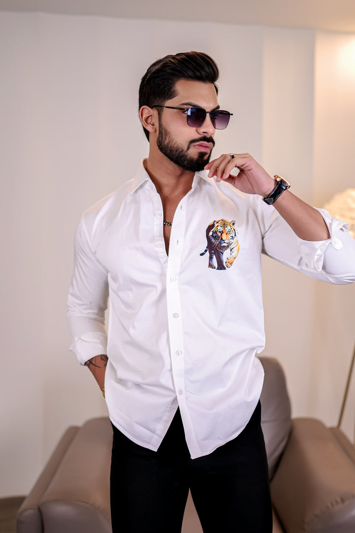 White Club Wear Lion Printed Satin Cotton Shirt