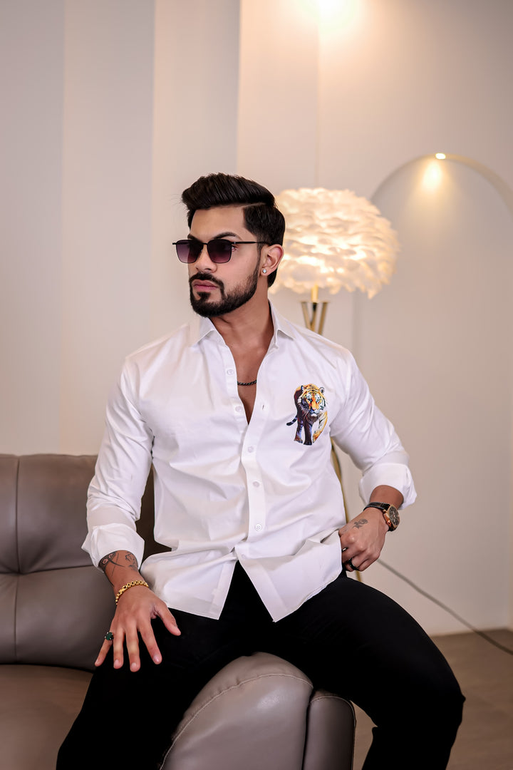 White Club Wear Lion Printed Satin Cotton Shirt