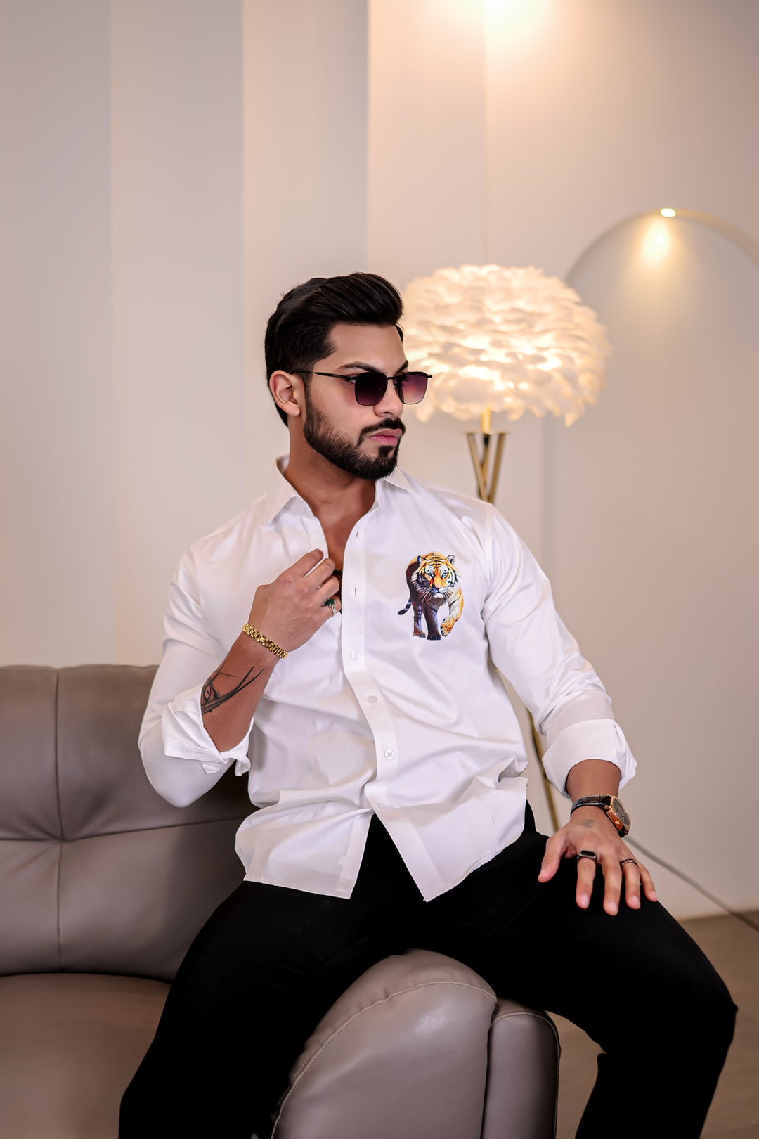 White Club Wear Lion Printed Satin Cotton Shirt