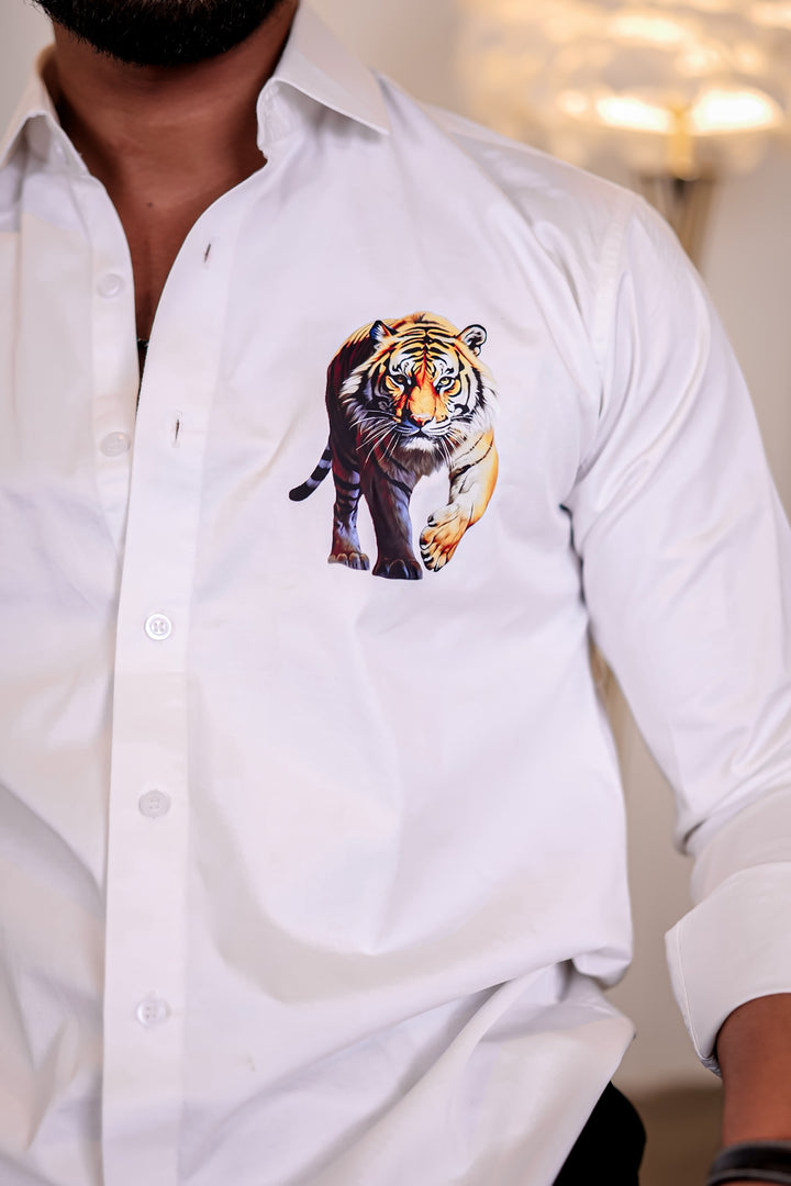 White Club Wear Lion Printed Satin Cotton Shirt