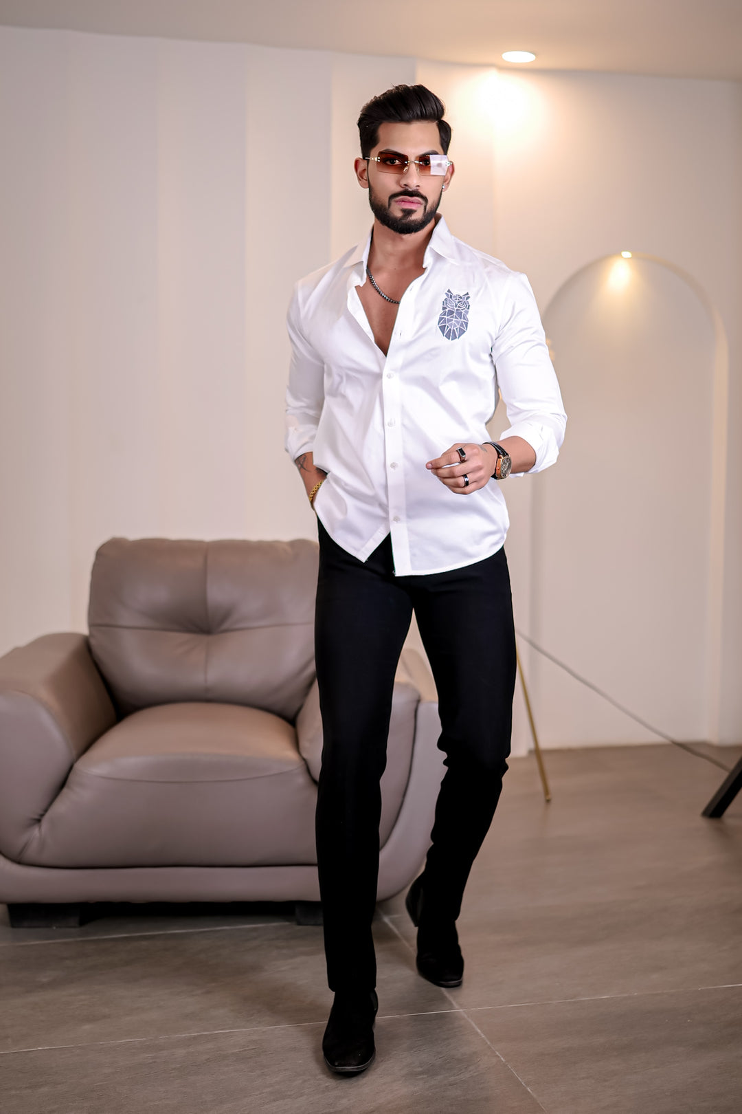 White Owl Embroidery Premium Satin Cotton Shirt