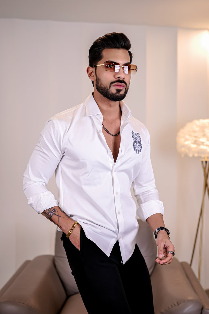 White Owl Embroidery Premium Satin Cotton Shirt