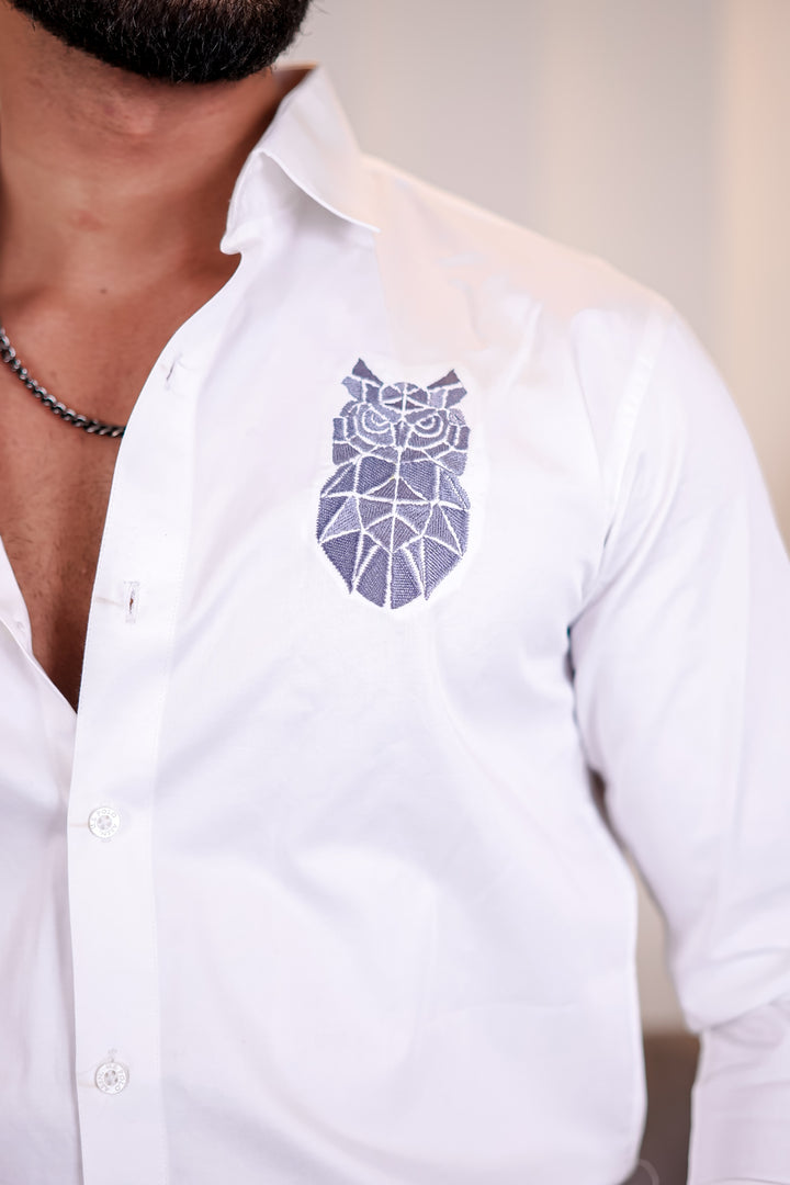 White Owl Embroidery Premium Satin Cotton Shirt