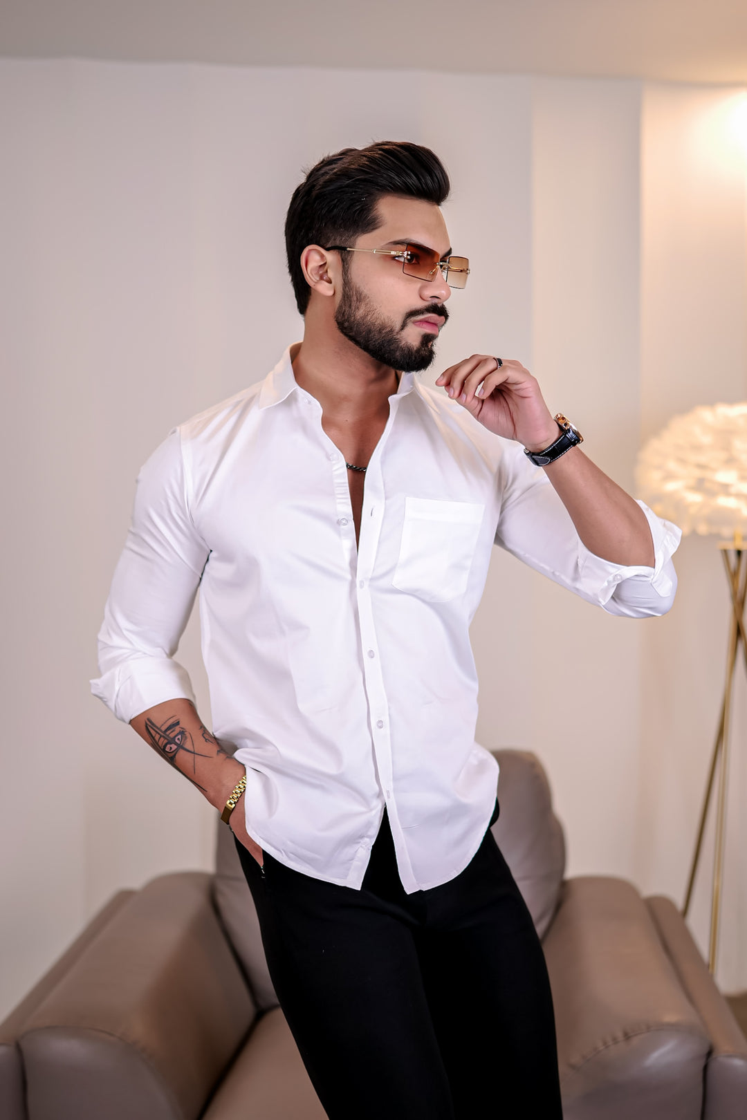 White Plain Single Pocket Satin Cotton Shirt [ Slim Fit ]