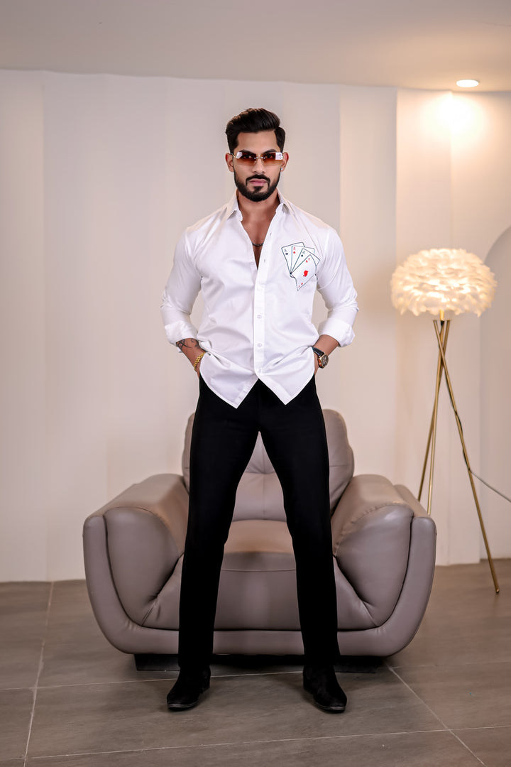 White Club Wear Cards Printed Satin Cotton Shirt