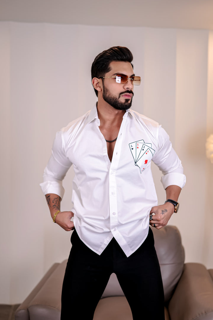 White Club Wear Cards Printed Satin Cotton Shirt