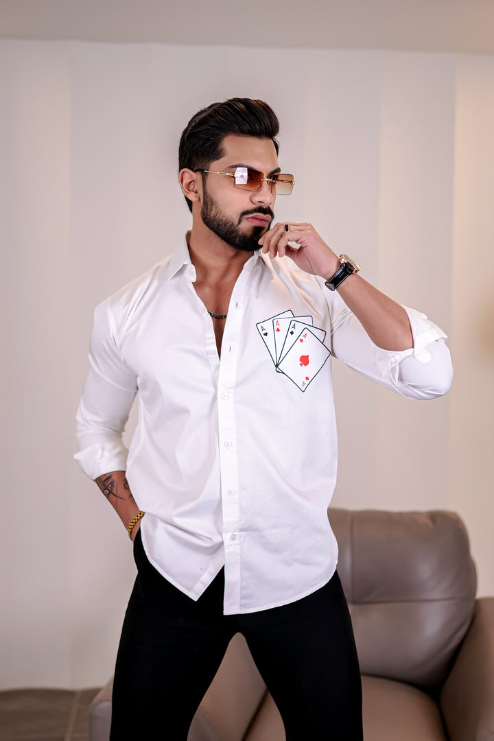 White Club Wear Cards Printed Satin Cotton Shirt