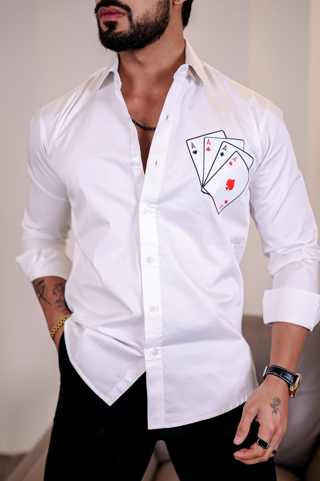 White Club Wear Cards Printed Satin Cotton Shirt