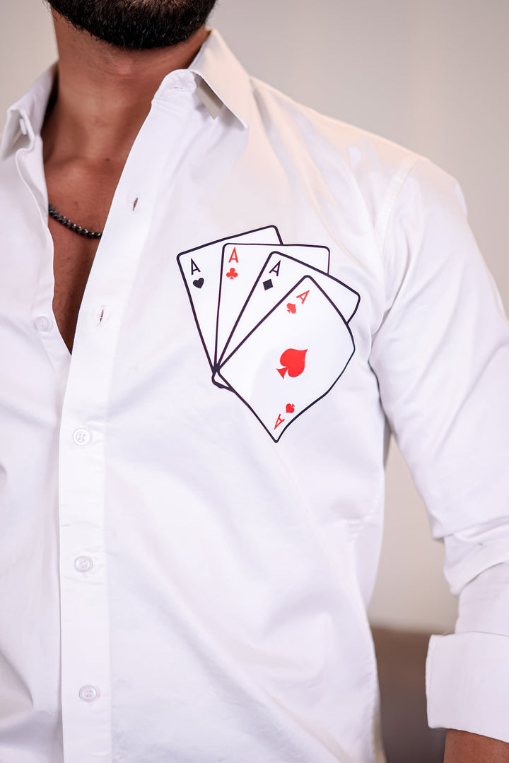 White Club Wear Cards Printed Satin Cotton Shirt