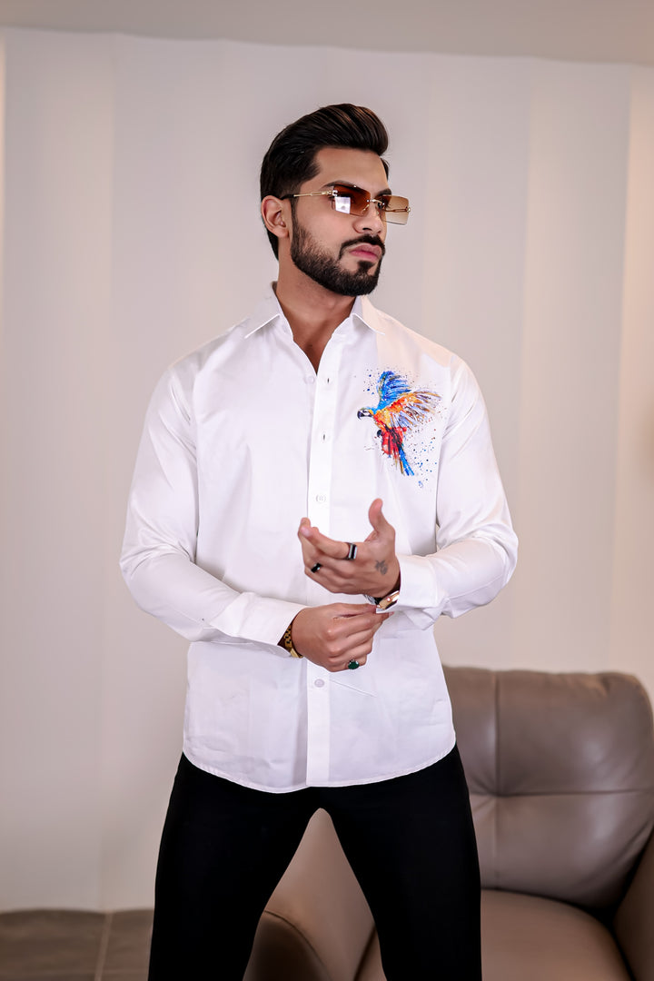 White Club Wear Bird Printed Satin Cotton Shirt