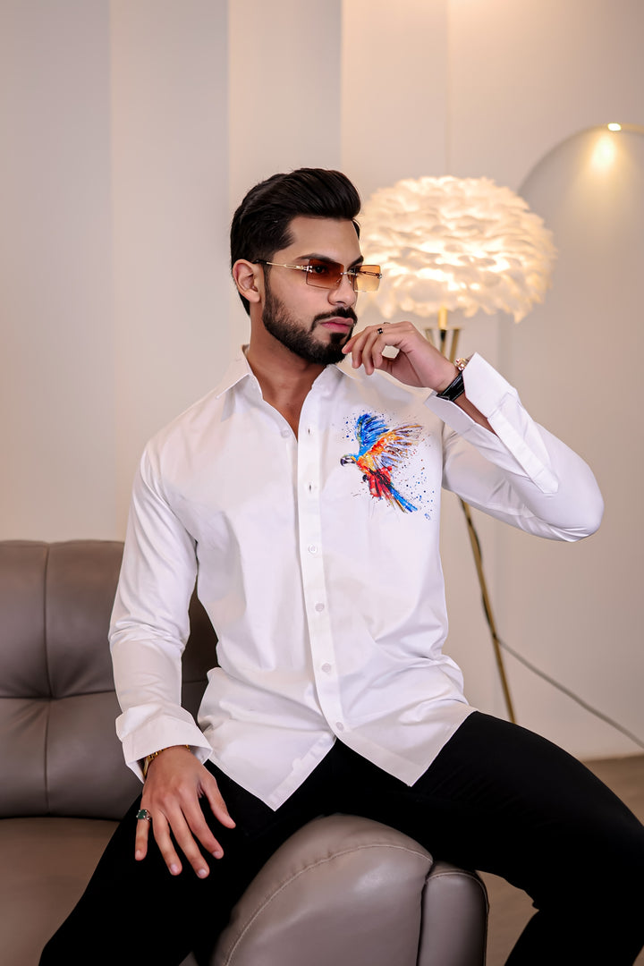 White Club Wear Bird Printed Satin Cotton Shirt