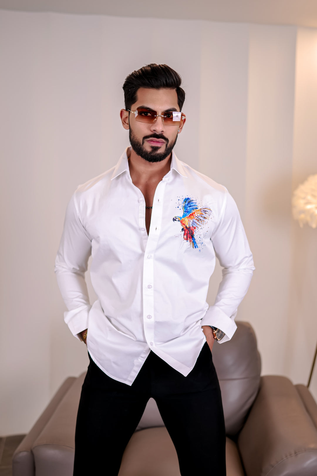 White Club Wear Bird Printed Satin Cotton Shirt