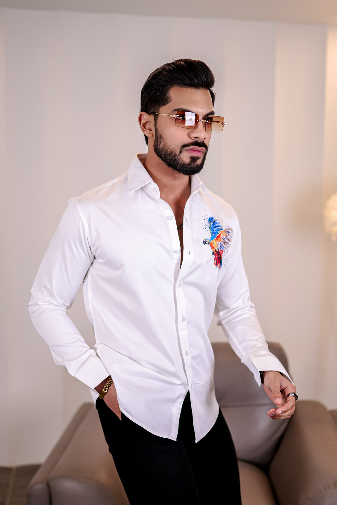 White Club Wear Bird Printed Satin Cotton Shirt