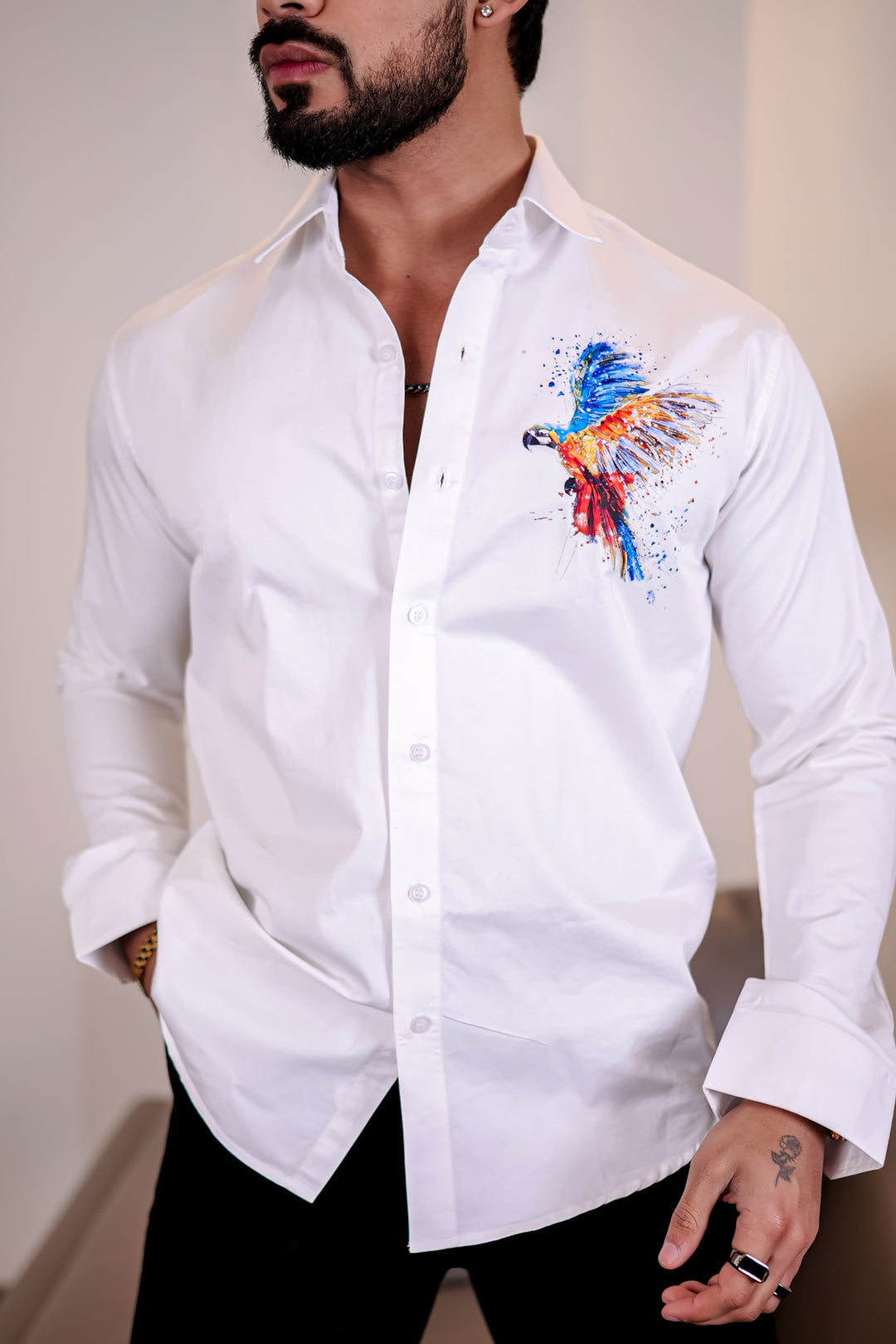 White Club Wear Bird Printed Satin Cotton Shirt