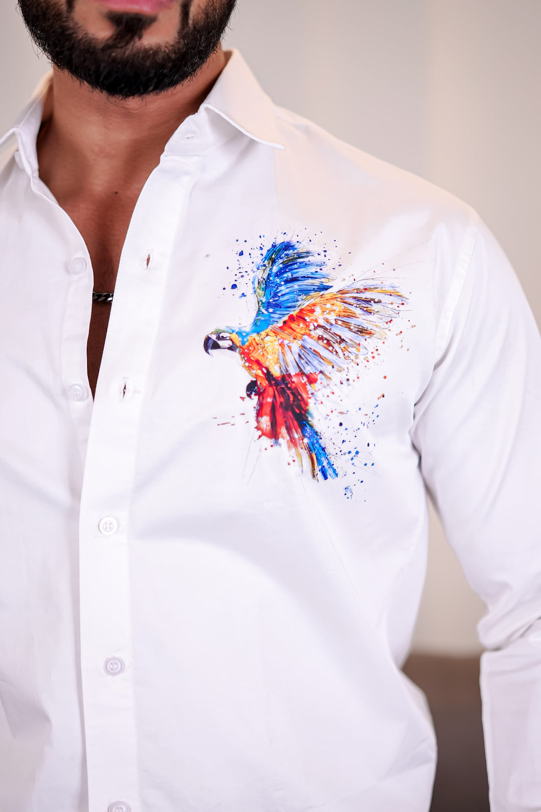 White Club Wear Bird Printed Satin Cotton Shirt