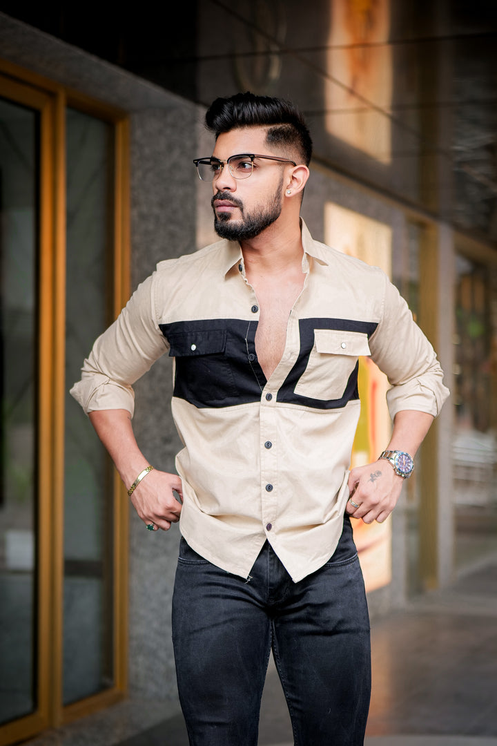 Camel-Black Double Pocket Designer Shirt