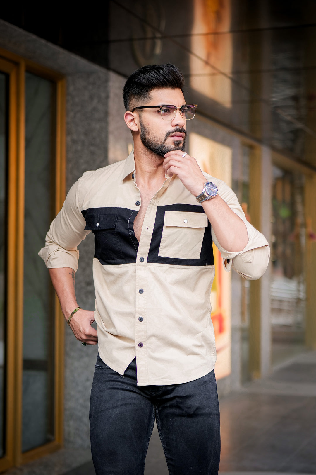 Camel-Black Double Pocket Designer Shirt