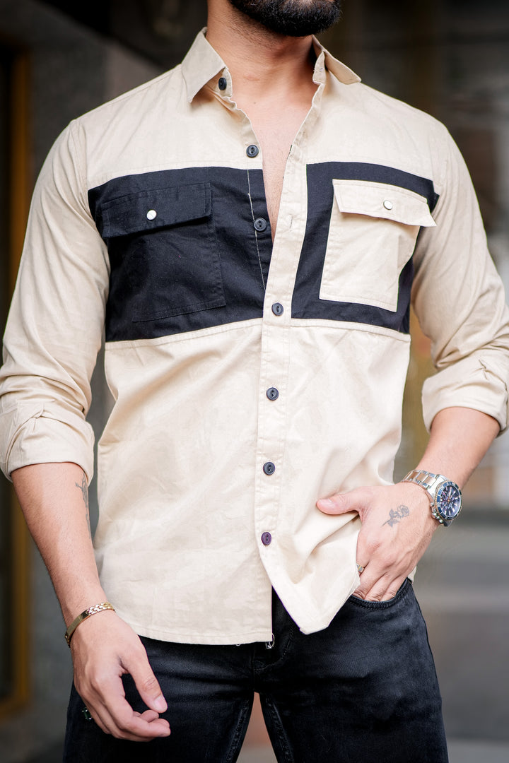 Camel-Black Double Pocket Designer Shirt