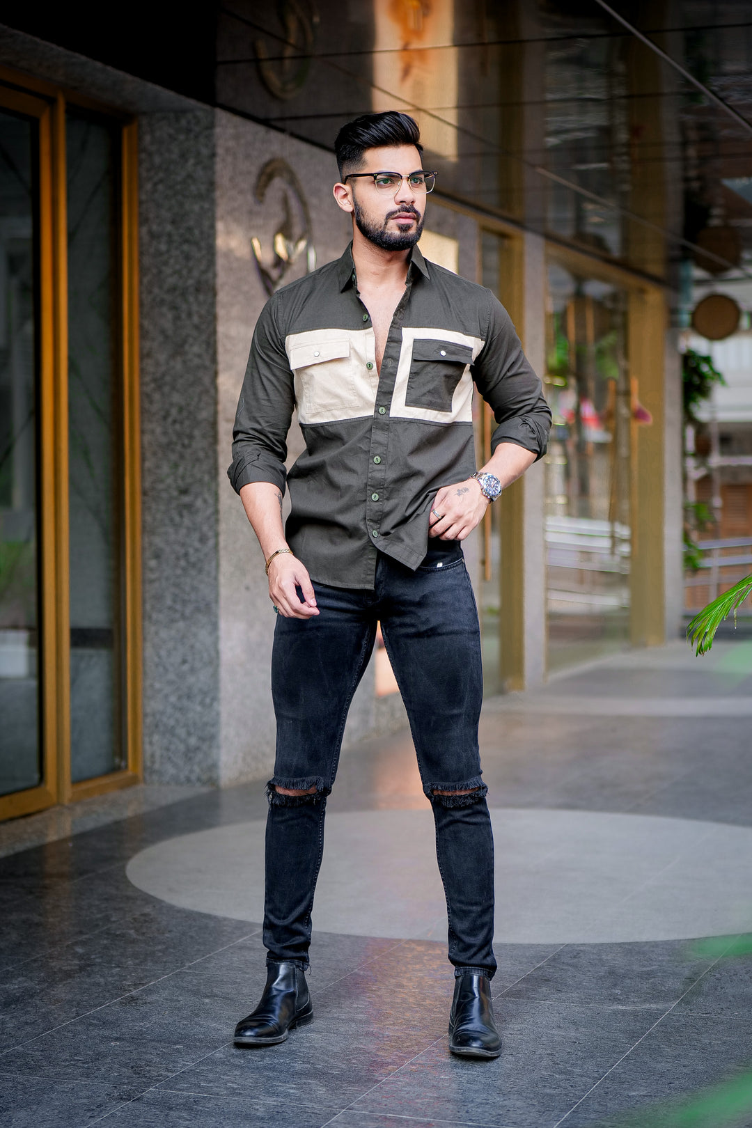 Mehandi-Camel Double Pocket Designer Shirt