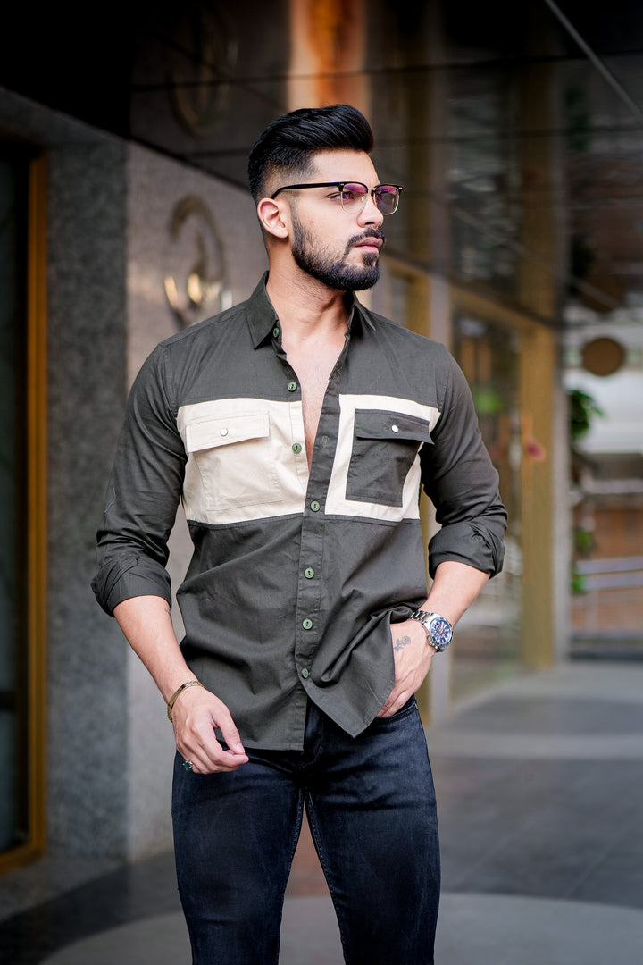 Mehandi-Camel Double Pocket Designer Shirt