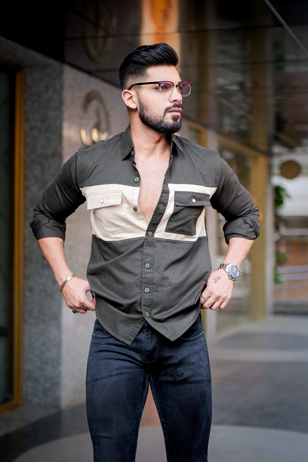 Mehandi-Camel Double Pocket Designer Shirt