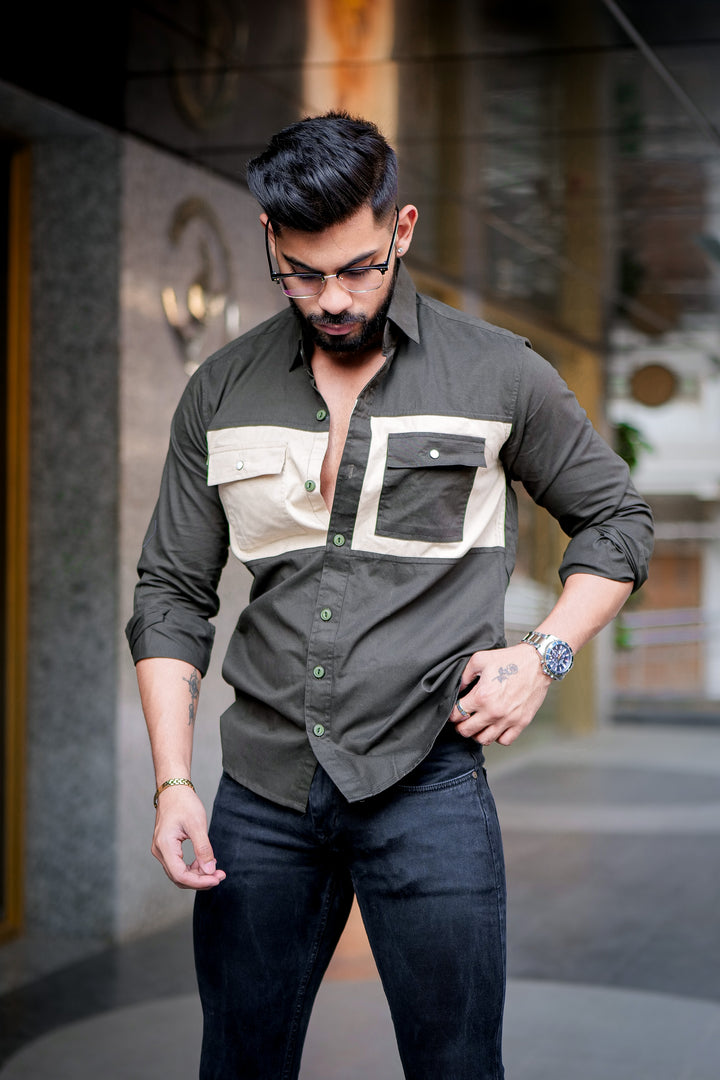 Mehandi-Camel Double Pocket Designer Shirt