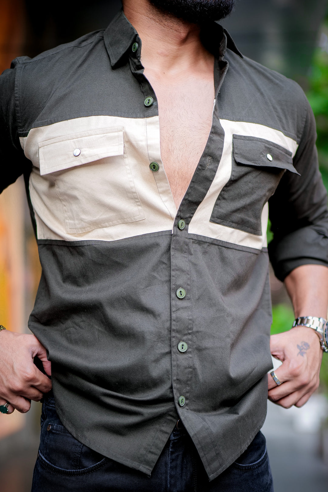 Mehandi-Camel Double Pocket Designer Shirt