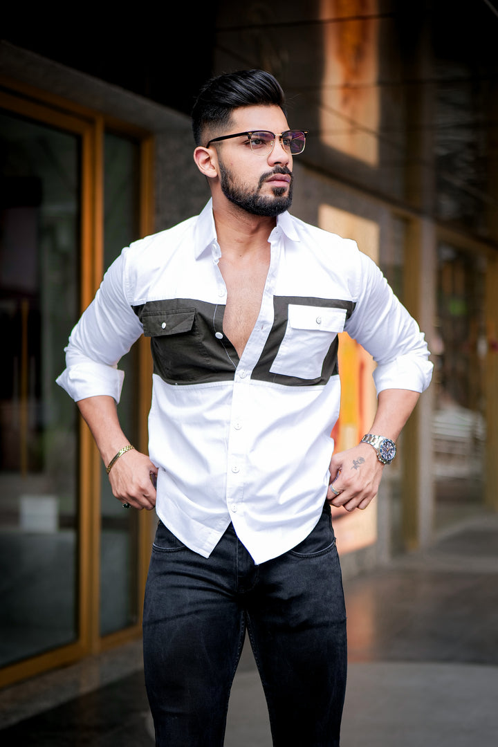 White-Dark Brown Double Pocket Designer Shirt