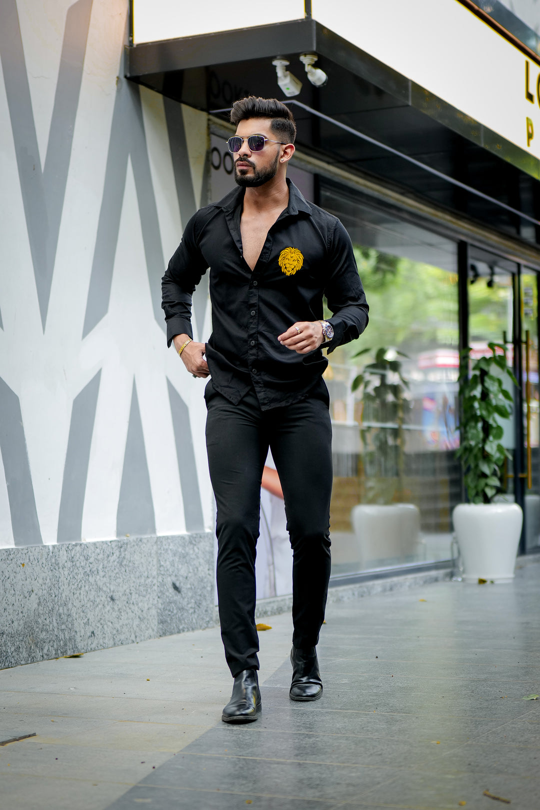 Black lion embroidery premium satin cotton shirt