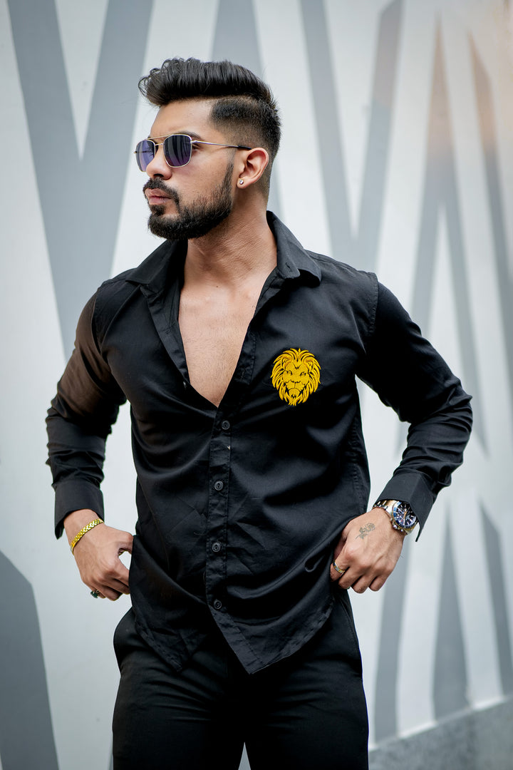 Black lion embroidery premium satin cotton shirt