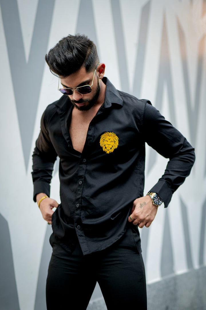 Black lion embroidery premium satin cotton shirt