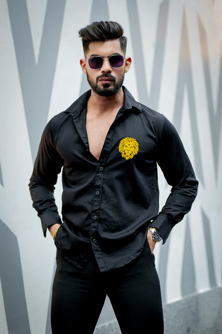 Black lion embroidery premium satin cotton shirt