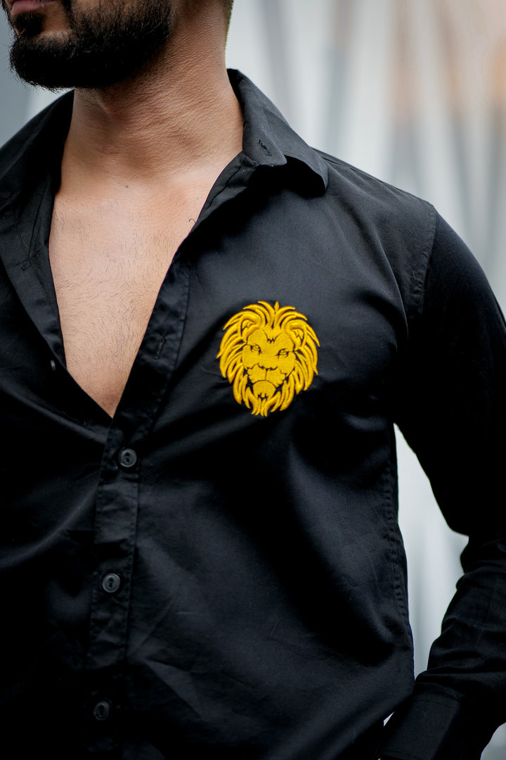 Black lion embroidery premium satin cotton shirt