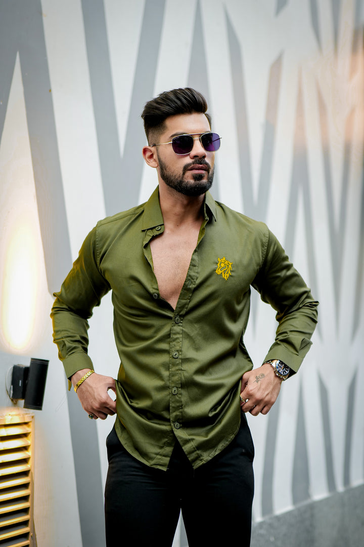 Olive Green embroidery premium satin cotton shirt