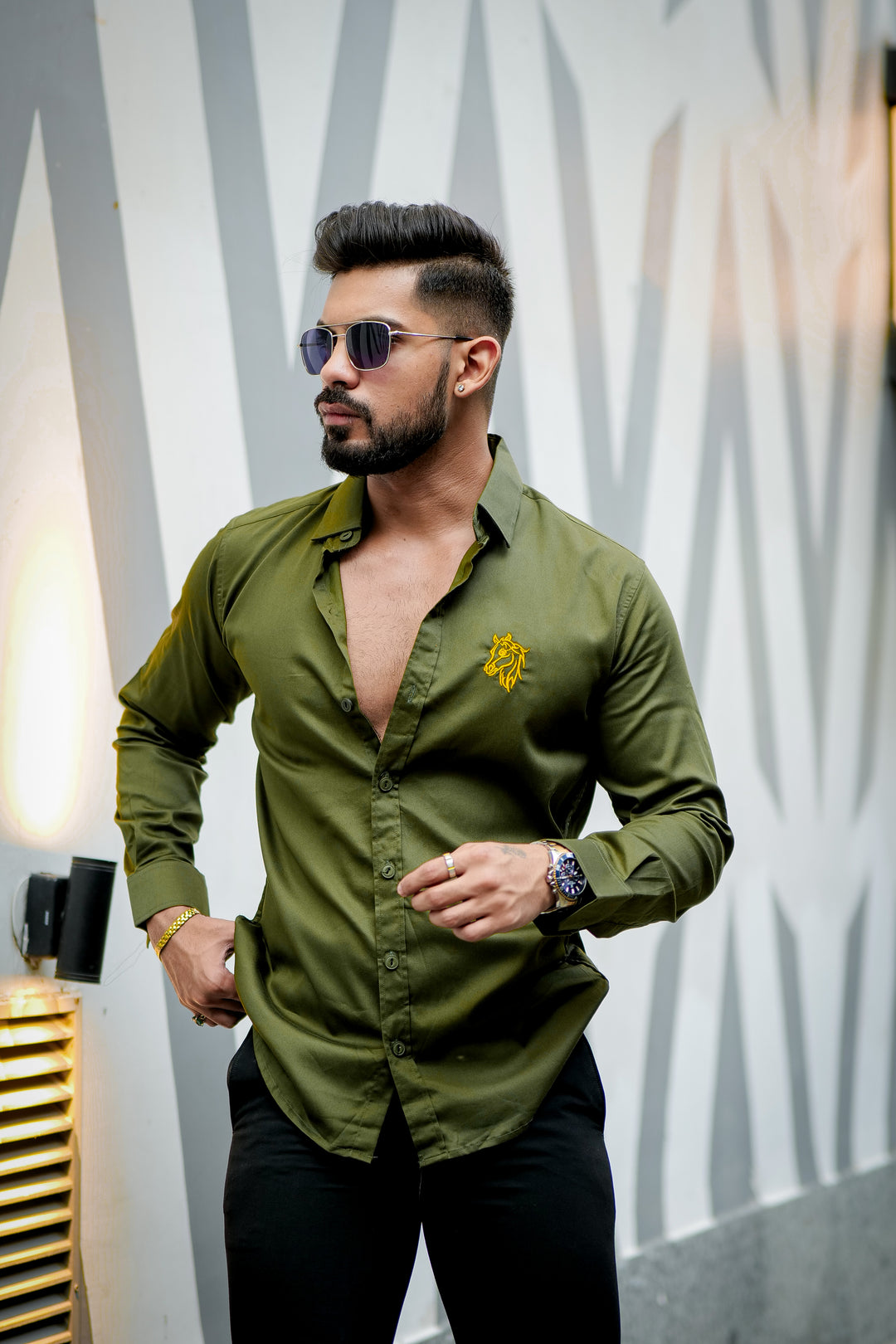 Olive Green embroidery premium satin cotton shirt