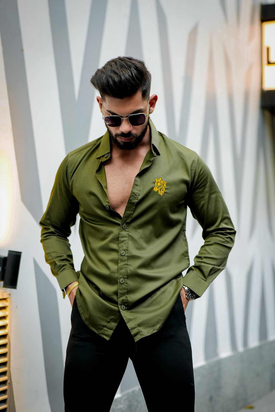 Olive Green embroidery premium satin cotton shirt