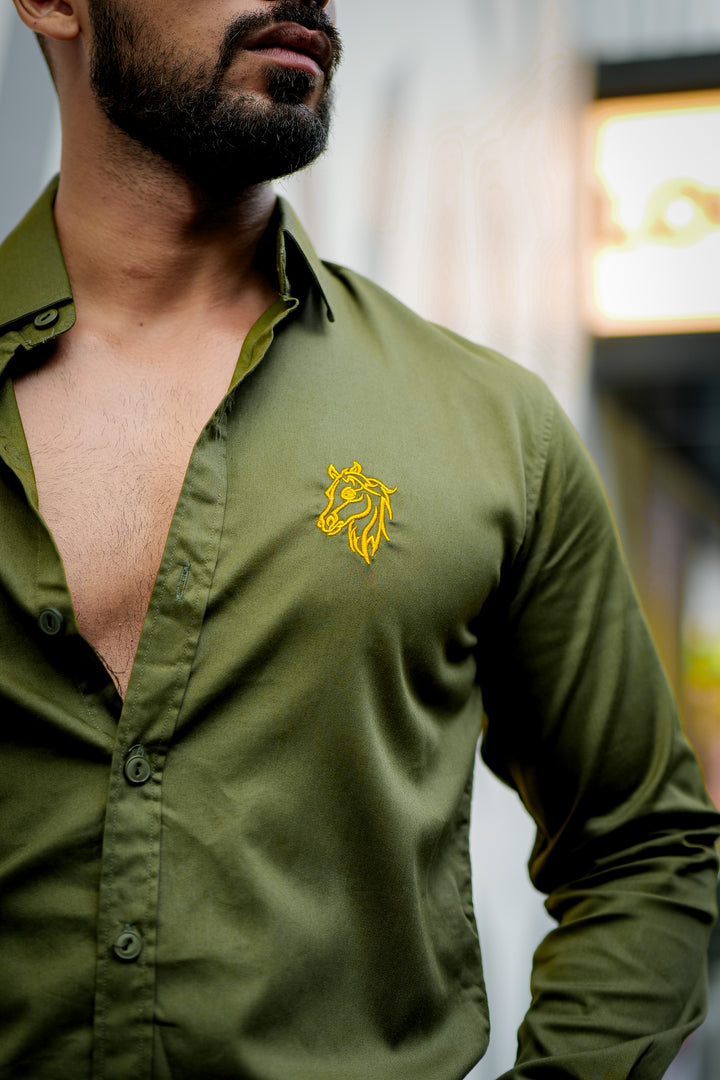 Olive Green embroidery premium satin cotton shirt